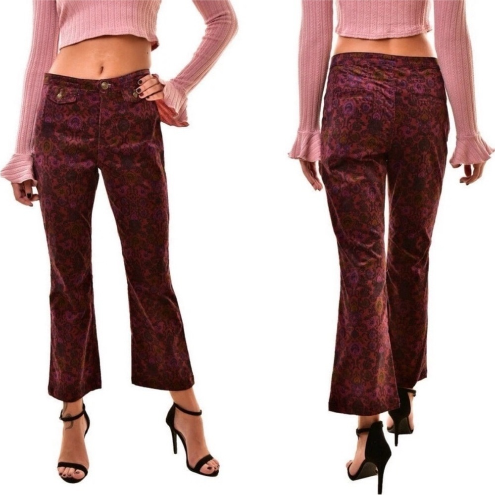 Free People Paisley Cropped Flare Micro Corduroy Pants Wine Red Floral Size 2